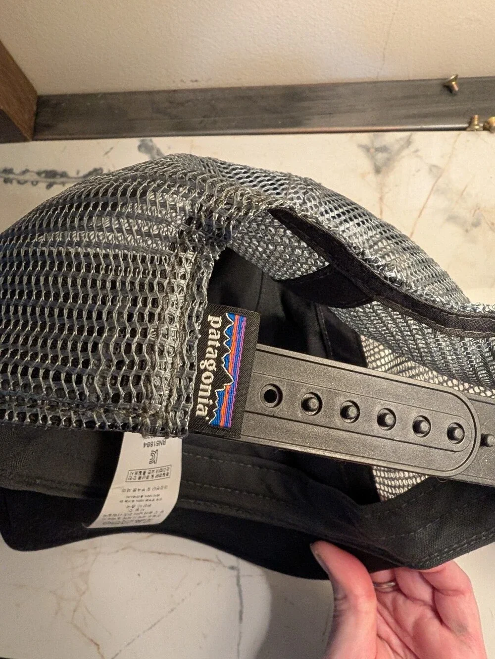 Patagonia White and Black Bear Patch Snap Back Trucker Hat